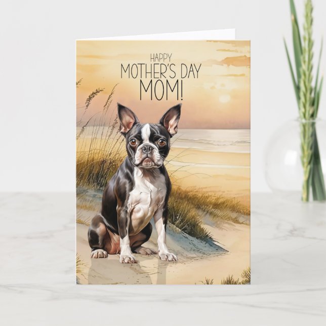 Cartes Pour Fêtes Annuelles Tchiens Boston Terrier Coucher de soleil Plage Fêt (Devant)