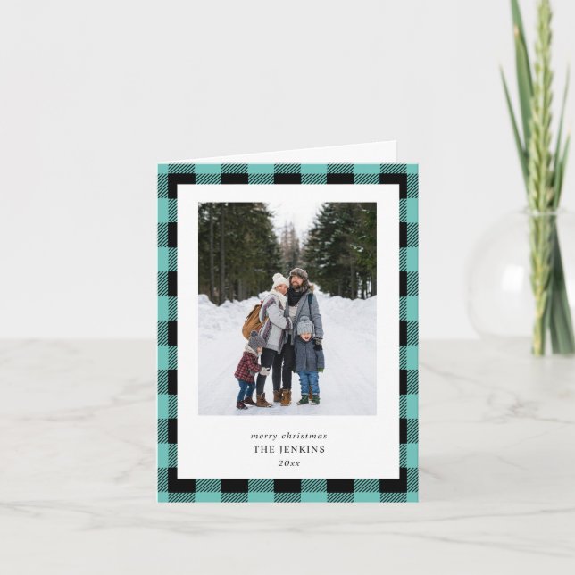 Cartes Pour Fêtes Annuelles Teal Black Buffalo Plaid Border 3 Photo Christmas (Devant)