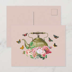 Cartes Pour Fêtes Annuelles Teapot Party rose Floral & Papillons Kettle