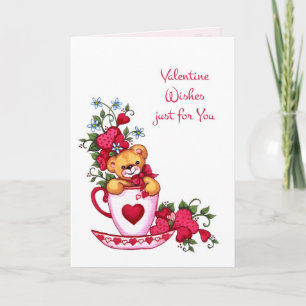 Cartes Pour Fêtes Annuelles Teddy Bear, Tea Cup Valentine's Day Card