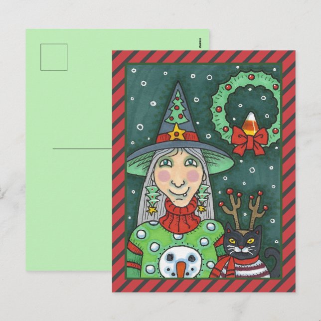 CARTES POUR FÊTES ANNUELLES TÉMOIN EN SWÉTER À NEIGE, CHAT NOIR XMAS HALLOWEEN (Devant / Derrière)