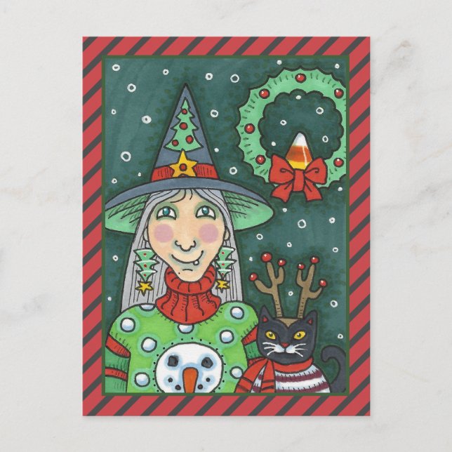 CARTES POUR FÊTES ANNUELLES TÉMOIN EN SWÉTER À NEIGE, CHAT NOIR XMAS HALLOWEEN (Devant)