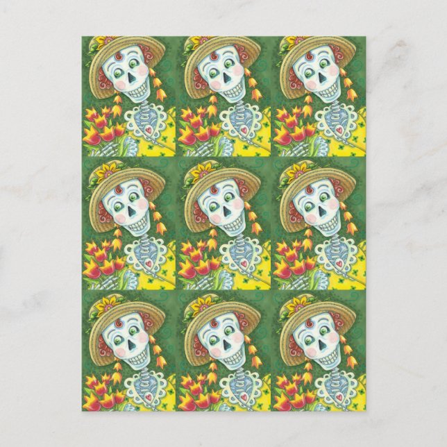 CARTES POUR FÊTES ANNUELLES TEMPS DE PRINTEMPS SKELLY ET TULIPS, LADY SKELETON (Devant)