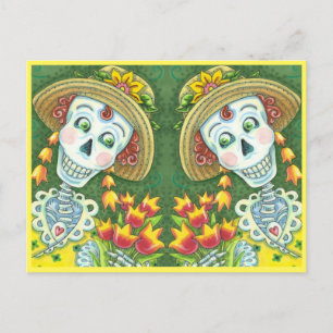 CARTES POUR FÊTES ANNUELLES TEMPS DE PRINTEMPS SKELLY & TULIPS, TWIN SKELETONS