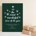 Cartes Pour Fêtes Annuelles Temps le plus merveilleux de l'année Green Script<br><div class="desc">Plus Merveilleux temps de l'année Script vert non photo carte de vacances. Envoyez des voeux de vacances personnalisables et personnalisés à vos amis, collègues et famille dans des cartes de style simple, chic, élégant et moderne design photo festif, naturel minimaliste! Ci-dessous la calligraphie présente votre message de voeux personnalisé dans...</div>