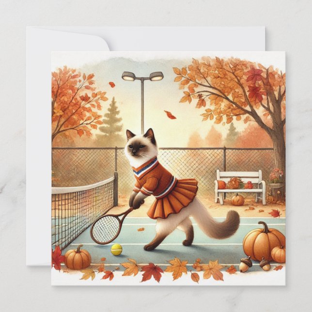 Cartes Pour Fêtes Annuelles Tennis Chat d'automne avec Fleurs (Devant)