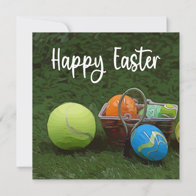 Cartes Pour Fêtes Annuelles Tennis Joyeuses Pâques avec balle et œufs sur vert (Devant)