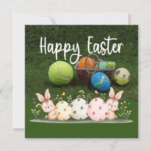 Cartes Pour Fêtes Annuelles Tennis Joyeuses Pâques avec balle et œufs sur vert