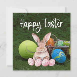 Cartes Pour Fêtes Annuelles Tennis Joyeuses Pâques avec balle et œufs sur vert