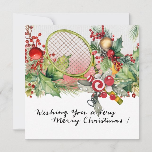 Cartes Pour Fêtes Annuelles Tennis Noël avec raquette et couronne de Noël (Devant)
