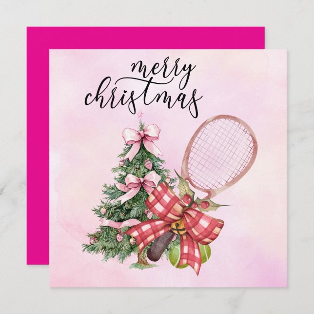 Cartes Pour Fêtes Annuelles Tennis Noël avec raquette et couronne de Noël (Devant / Derrière)