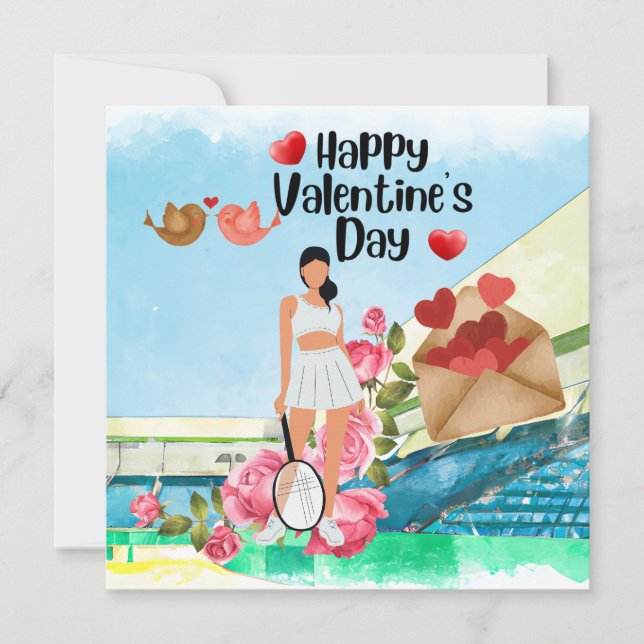 Cartes Pour Fêtes Annuelles Tennis Valentine's Day avec coeur aquarelle amour (Devant)