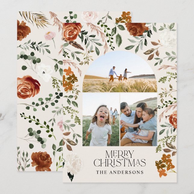 Cartes Pour Fêtes Annuelles Teracotta rustique 3 photo botanique élégant arche (Devant / Derrière)