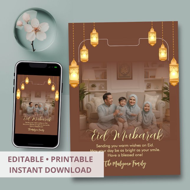 Cartes Pour Fêtes Annuelles Terracotta Gold Lanterns Family Photo Eid Mubarak  (Créateur téléchargé)