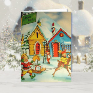 Cartes Pour Fêtes Annuelles Terre du Père Noël vintage Elfes & Père Noël dans