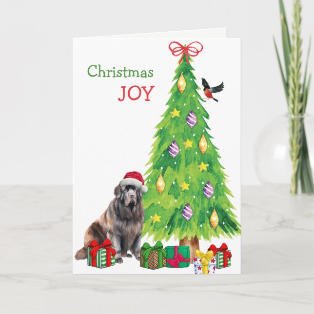 Cartes Pour Fêtes Annuelles Terre-Neuve Chien, Oiseau et Arbre de Noël (Devant)