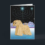 Cartes Pour Fêtes Annuelles "Terriers blonds comme les blés chez Chanukah "<br><div class="desc">" Les terriers blonds comme les blés chez Chanukah" est une conception unique d'art pour les vacances juives "Chanukah, " comportant deux terriers blonds comme les blés enduits mous et un menorah de Hanoukka allumé par les étoiles. Nous avons laissé l'intérieur du blanc de carte pour que vous customisiez. Lumière...</div>