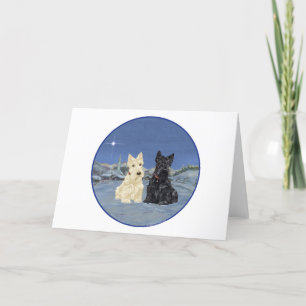 Cartes Pour Fêtes Annuelles Térriers écossais noirs et roux en hiver
