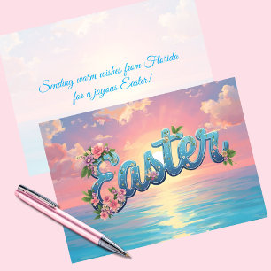 Cartes Pour Fêtes Annuelles Texte de Pâques pastel au-dessus de l'océan au lev