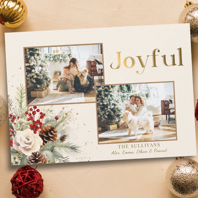 Cartes Pour Fêtes Annuelles Texte joyeux de Noël Floral Or 2-Photo (Créateur téléchargé)