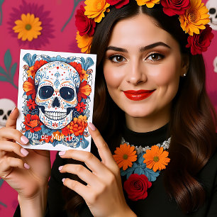 Cartes Pour Fêtes Annuelles Texte personnalisé bleu et rouge Día de Muertos