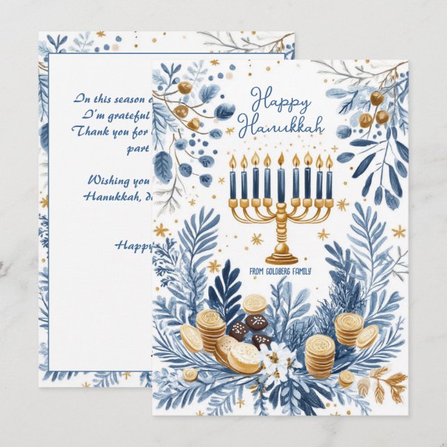 Cartes Pour Fêtes Annuelles Texte personnalisé Blue Blossom Hanoukka Menorah (Devant / Derrière)