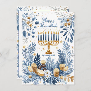 Cartes Pour Fêtes Annuelles Texte personnalisé Blue Blossom Hanoukka Menorah