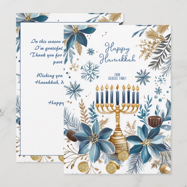Cartes Pour Fêtes Annuelles Texte personnalisé Blue Blossom Hanoukka Menorah (Devant / Derrière)