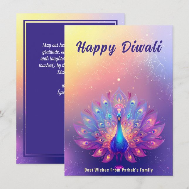 Cartes Pour Fêtes Annuelles Texte personnalisé, Diwali Peacock Splendor (Devant / Derrière)