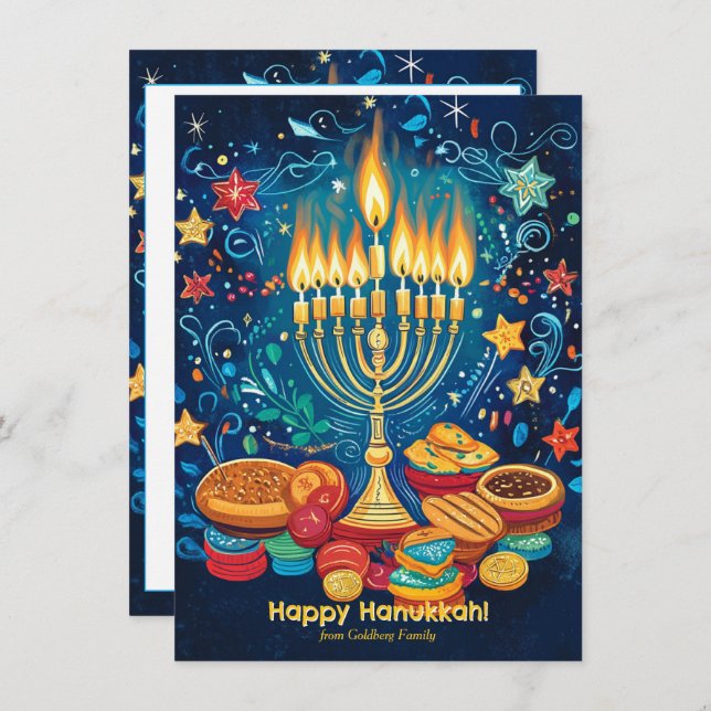 Cartes Pour Fêtes Annuelles Texte personnalisé Menorah Salutation magique (Devant / Derrière)
