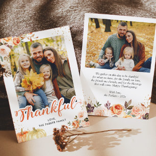 Cartes Pour Fêtes Annuelles Thankful Automne Gold Floral 2 Photos Thanksgiving