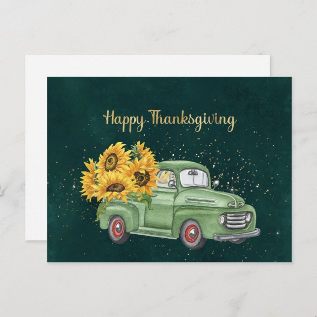 Cartes Pour Fêtes Annuelles Thankgiving Green Truck Sunflowers Business (Devant / Derrière)