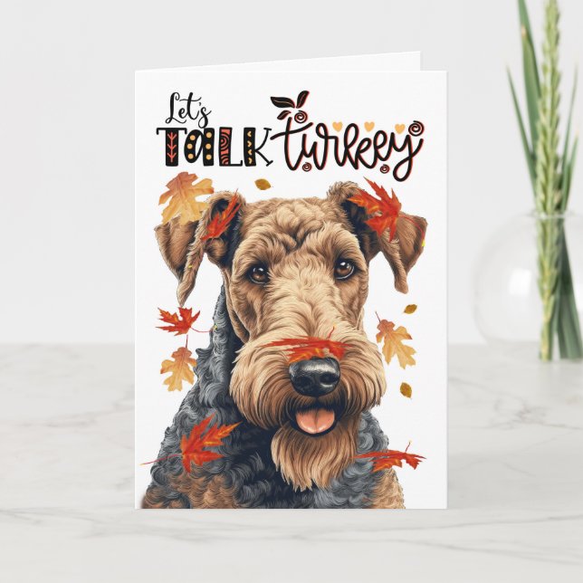 Cartes Pour Fêtes Annuelles Thanksgiving Airedale Chien Parlons Turquie (Devant)