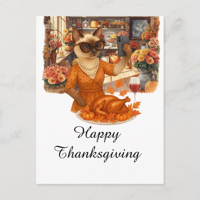 Cartes Pour Fêtes Annuelles Thanksgiving Automne thème Chat Aime prendre photo (Devant)