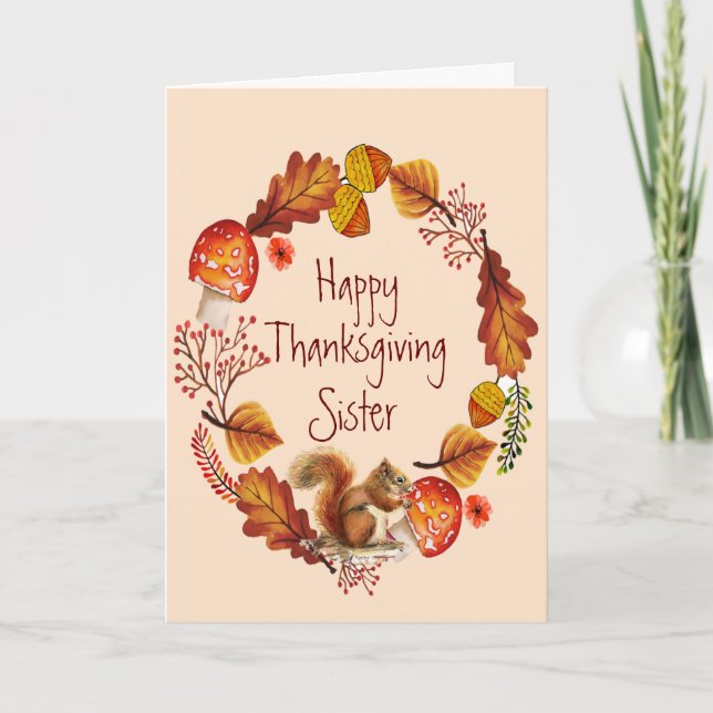 Cartes Pour Fêtes Annuelles Thanksgiving Autumn Squirel Wreath Sister (Devant)