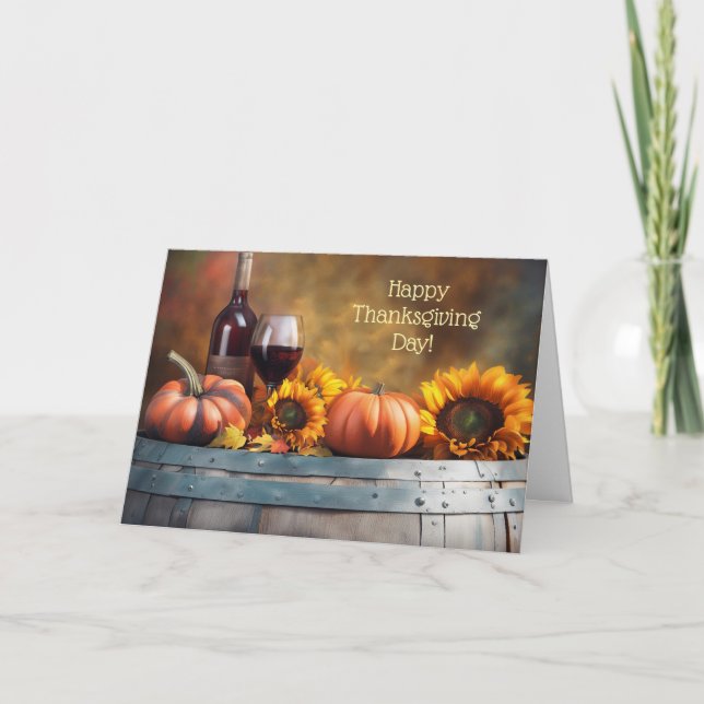Cartes Pour Fêtes Annuelles Thanksgiving avec Vin Citrouilles Sunflower Vin (Devant)