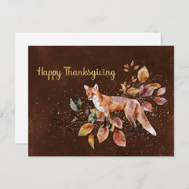Cartes Pour Fêtes Annuelles Thanksgiving Brown Fox Feuilles (Devant / Derrière)