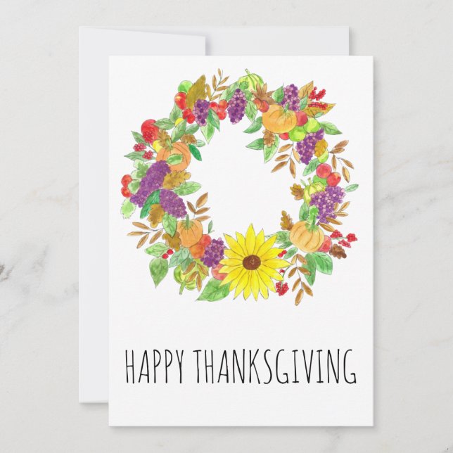 Cartes Pour Fêtes Annuelles Thanksgiving couronne d'automne en aquarelle (Devant)