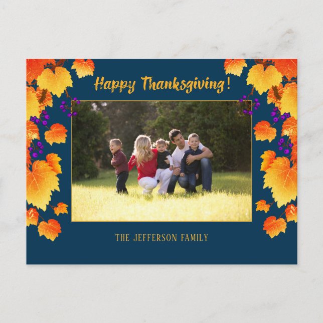 Cartes Pour Fêtes Annuelles Thanksgiving Fall Graphe Orange Gold Feuilles Phot (Devant)