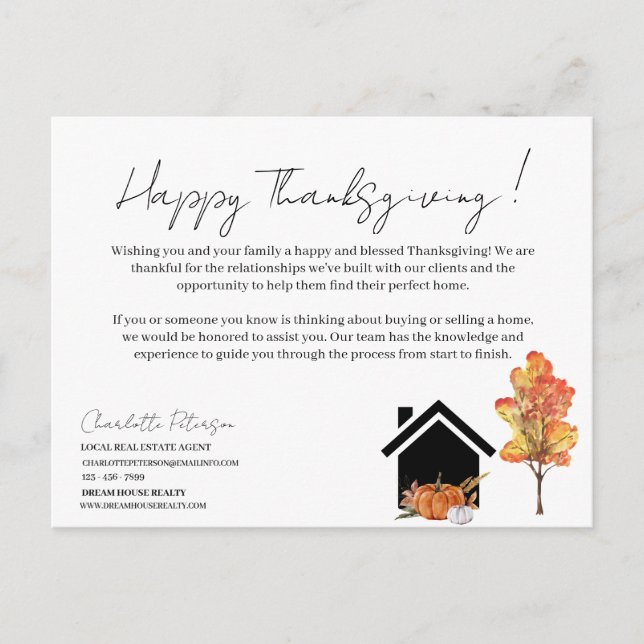 Cartes Pour Fêtes Annuelles Thanksgiving Marketing Immobilier Realer (Devant)