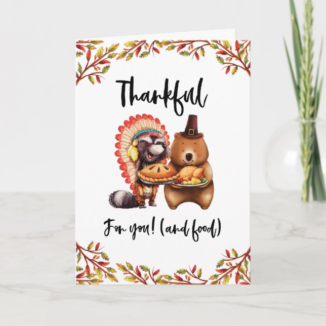 Cartes Pour Fêtes Annuelles Thanksgiving mignon animaux heureusement nourritur (Devant)