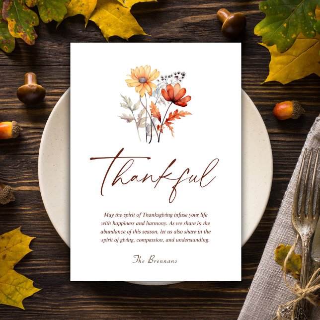 Cartes Pour Fêtes Annuelles Thanksgiving Moderne Élégante Chute de grâce (Thankful Elegant Modern Script Thanksgiving Holiday Card)