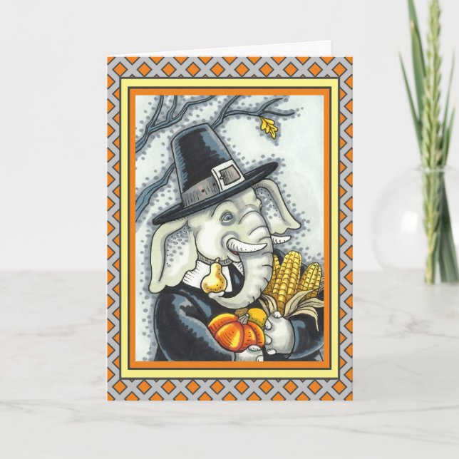 CARTES POUR FÊTES ANNUELLES THANKSGIVING PACHYDERM, THANKFUL PILGRIM ELEPHANT (Devant)