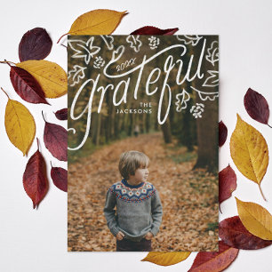 Cartes Pour Fêtes Annuelles Thanksgiving photo feuille reconnaissante lettrée 