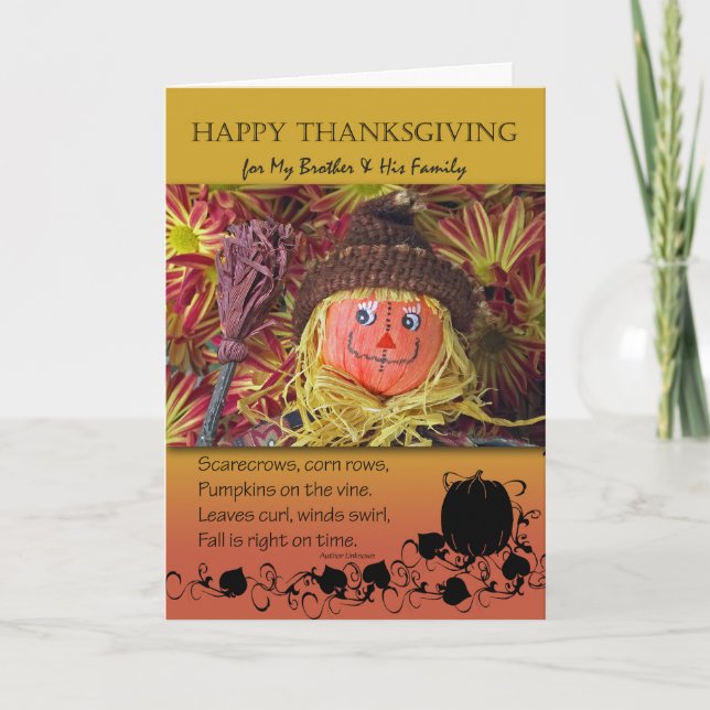 Cartes Pour Fêtes Annuelles Thanksgiving pour Frère et sa famille, Scarecrow (Devant)