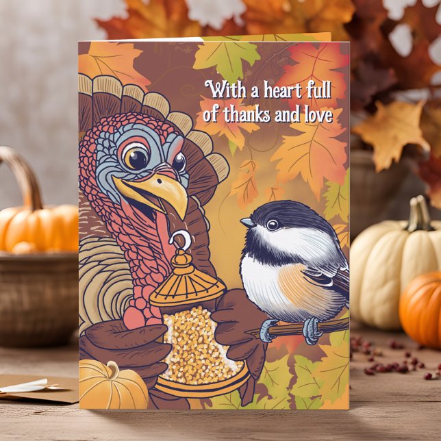 Cartes Pour Fêtes Annuelles Thanksgiving Turkey Gratitude Lote Cute Chickadee (Adorable Thanksgiving card illustration: Sweet turkey sharing a birdseed feeder with chickadee bird)