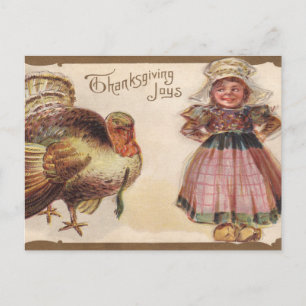 Cartes Pour Fêtes Annuelles Thanksgiving vintage, Turquie, Fille Pèlerine