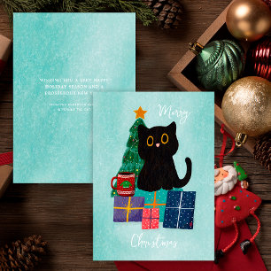 Cartes Pour Fêtes Annuelles Thé Café Chat Noir Mignon Noël Bleu Festif