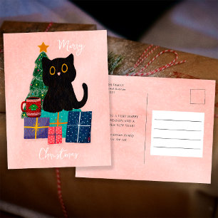 Cartes Pour Fêtes Annuelles Thé chat noir mignon Noël rose festif