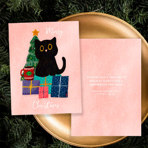 Cartes Pour Fêtes Annuelles Thé de chat noir mignon Noël rose festif